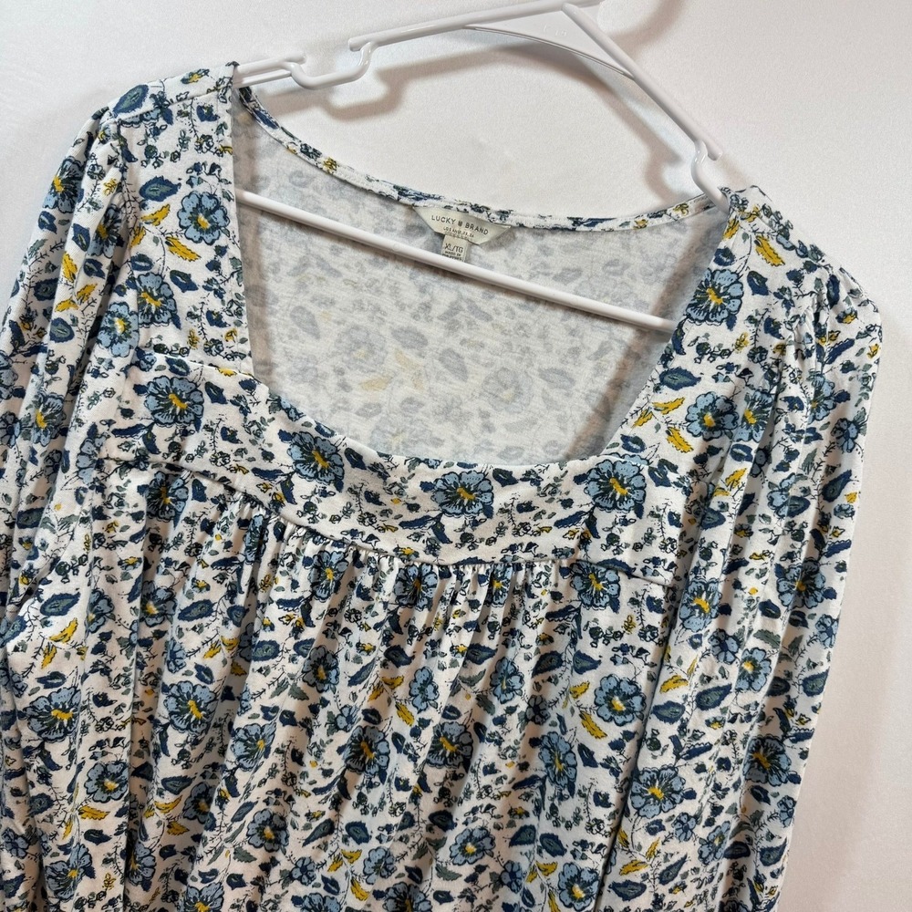 Lucky Brand Floral Square Neck Empire Waist Long Sleeve Top Blue Yellow XL